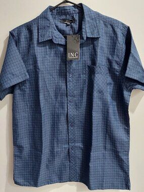 INC International Concepts men's Large Short Sleeve Shirt Blue Plaid NEW